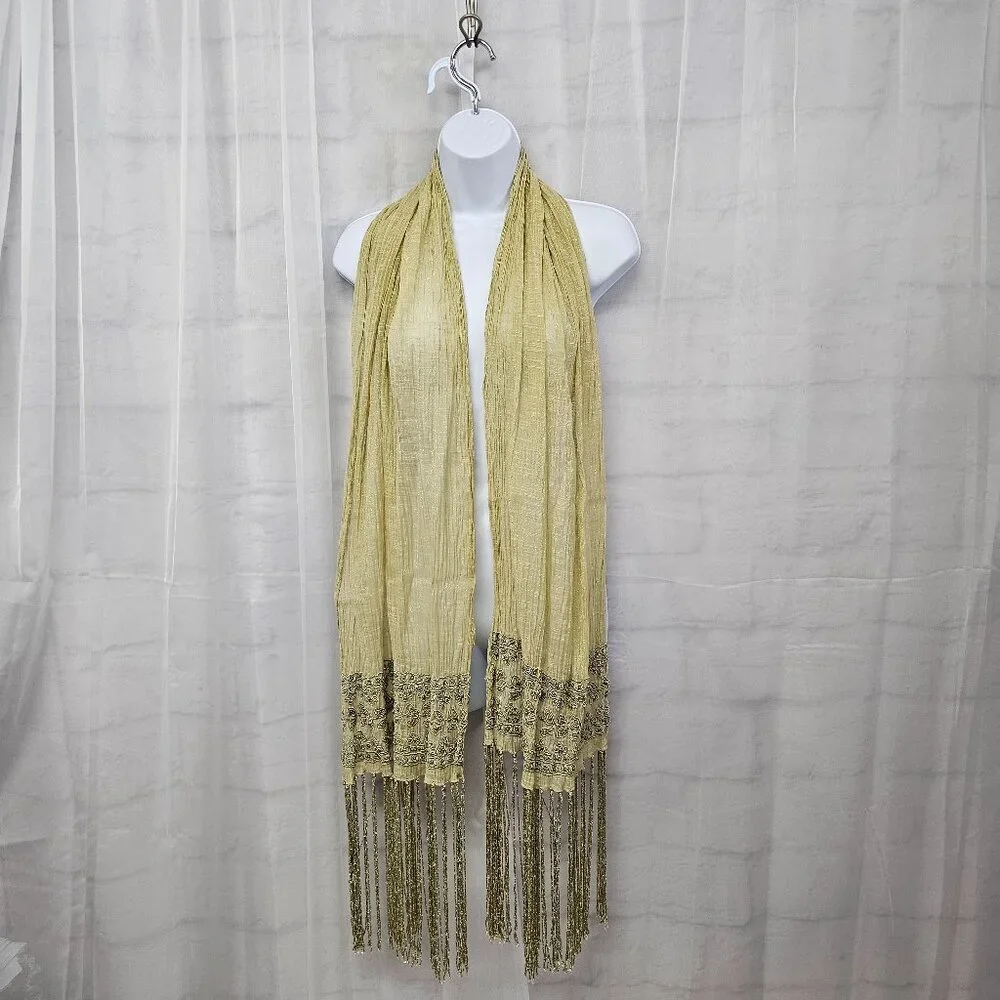 Green Boho Sheer Beaded Embroidered Shimmery Fringed Scarf - Picture 12 of 12